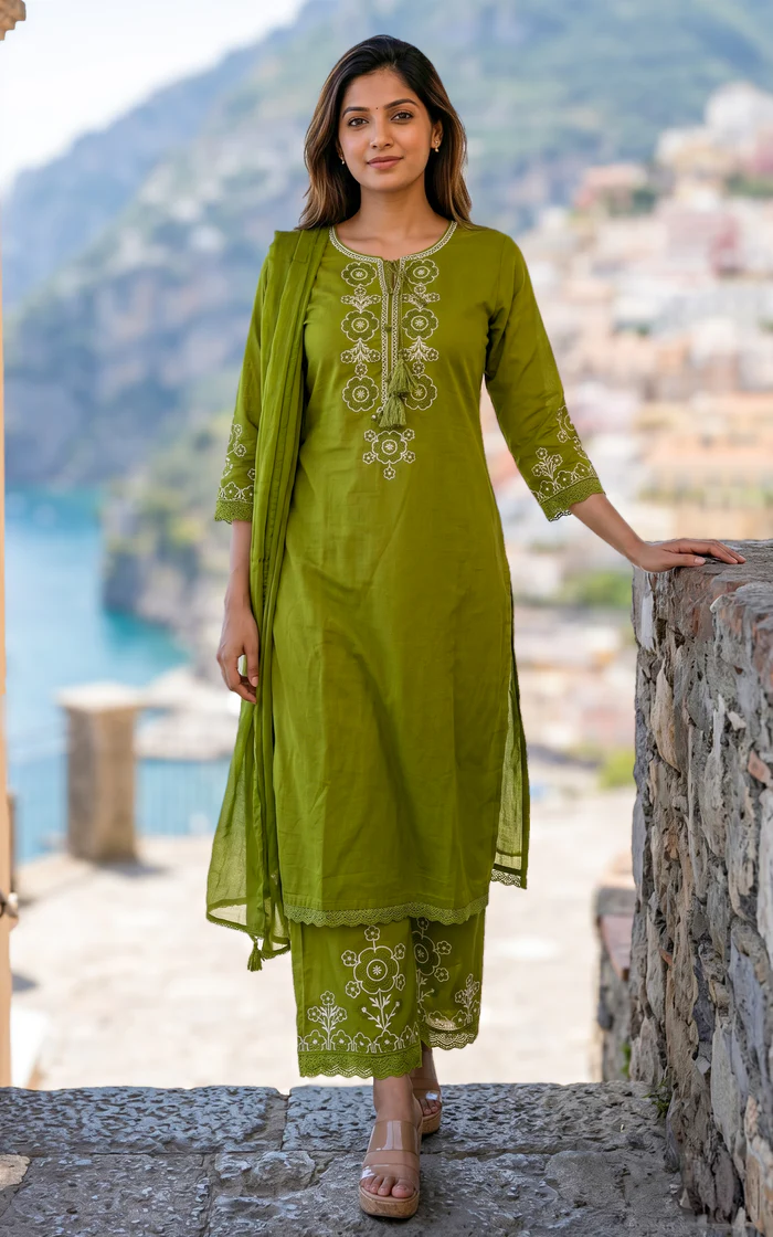 Poongothai Olive Green Straight Cut Embroidery Kurti